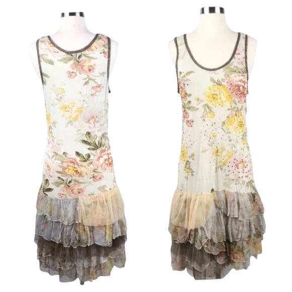 ALBERTO MAKALI Jersey Dress Floral Sequins Tulle Ruffles Hem Sleeveless Small - Picture 8 of 8